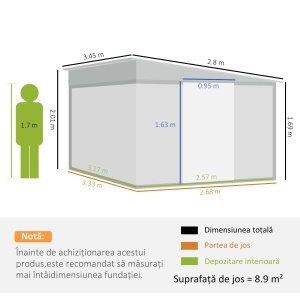 Magazie de Gradina cu Usa Glisanta si Orificii de Aerisire, din Otel Galvanizat, 345x280.5x169-201 cm, Negru - Img 3