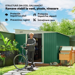Magazie de Gradina cu Ușa Glisantă si Orificii de Aerisire, din Oțel Galvanizat, 345x280,5x169-201cm, Verde - Img 4