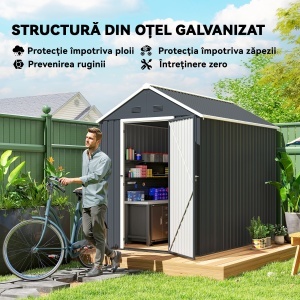 Magazie de Gradina din Otel Galvanizat si PP cu 4 Guri de Aerisire si Fereastra, 259x171x222 cm, Gri si Alb - Img 4