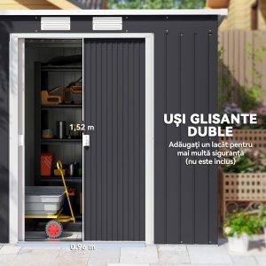 Magazie de Unelte pentru Grădină din Metal cu Kit Fundație, Uși Duble, Grile de Aerisire și Acoperiș Înclinat, Gri - Img 5