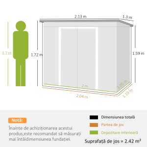 Magazie Grădină Metalică cu Acoperiș Înclinat și Ușă Dublă, pentru Stocare de Unelte în Grădină, 213x130x172 cm, Gri - Img 3