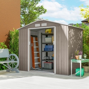 Magazie Grădină Metalică cu Orificii de Ventilație și Ușă Culisantă Dublă pentru Grădinarit și DIY, 213x130x185 cm, Maro - Img 2
