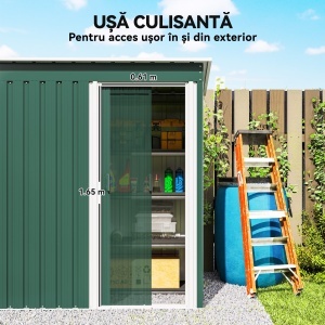 Magazie pentru Scule cu Acoperiș Înclinat și Ușă Glisantă, din Oțel Zincat, 163x89x182 cm, Verde - Img 5