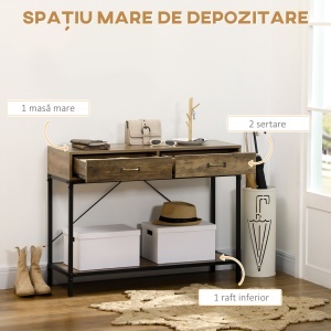 Masa Consola Vintage – Lemn & Metal cu Sertare & Raft - Img 4