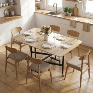 Masă de Dining Pliabilă, Masă de Bucătărie Rabatabilă cu Roți și Frâne pentru 4-6 Persoane, Birou Compact cu Structură din Oțel, pentru Living, 120x80x73 cm, Stejar - Img 2