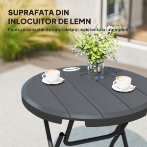 Masă de Grădină, rotundă, pliabilă, pentru 4 persoane, aspect lemn, oțel+plastic, gri închis, 80 x 80 x 73 cm - Img 5