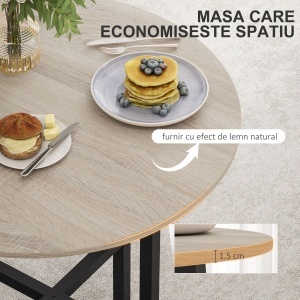 Masă de Prânz Rotundă în Stil Industrial pentru 2 Persoane cu Bază Încrucișată, Masă de Bucătărie din Lemn și Oțel, Ø80x75 cm, Negru și Culoare Lemn - Img 5