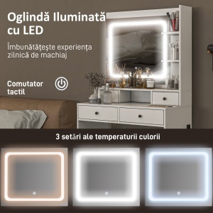 Masă de Toaletă cu Oglindă Iluminată LED, Masă de Machiaj cu Stație de Încărcare, 4 sertare și rafturi de depozitare, 90x45x160 cm, Alb - Img 4