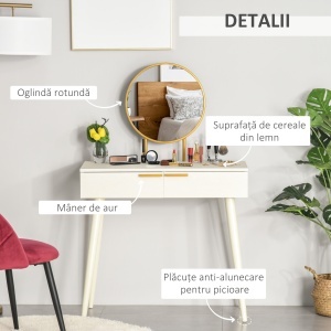 Masă de Toaletă/Machiaj cu Oglindă și 2 Sertare pentru Accesorii, Toaletă de Machiaj din Lemn, 80x40x123 cm, Alb - Img 4