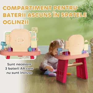 Masă de Toaletă pentru Fetițe 3-6 Ani cu Oglindă din Acrilic și Robinet, Jucărie pentru Copii din Plastic, 55x29x71 cm, Roz - Img 7