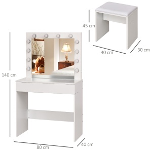 Masa Machiaj cu Oglindă LED 12 Lumini, Set cu Scaun Tapitat și Sertar Spațios, Mobilier pentru Dormitor, 80x40x140 cm, Alb - Img 3