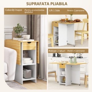 Masă Pliabilă, Masă Rabatabilă pentru 2-4 Persoane cu Sertar, 2 Rafturi și 2 Roți, 114,5x70x75 cm, Stejar - Img 4