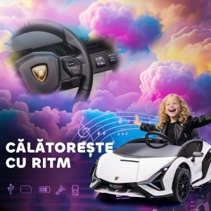 Mașină Electrică pentru Copii 3-5ani, Mașinuță Electrică Lamborghini cu Faruri, Muzică și Telecomandă, 108x62x40cm, Alb - Img 6