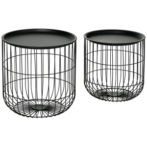 Masute Suprapuse, Set de 2 Mese Rotunde de Cafea cu Corp Cos din Otel cu Fire de Otel si Blat Detasabil, Mese Suprapuse pentru Camera de Zi, Negru