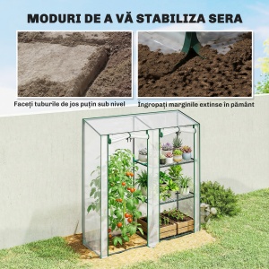 Mini Seră cu 3 Rafturi, 2 Uși Rulabile, Seră pentru Grădină cu Cadru din Oțel și Acoperire din Plastic pentru Plante, Legume, Flori, Fructe, Anti UV, 143x45x151 cm, Transparentă - Img 8
