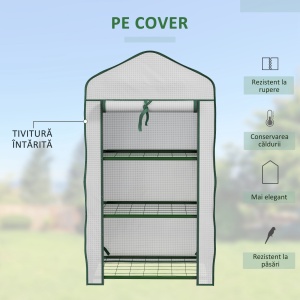 Mini Seră pe 3 Nivele cu Acoperiș PE Întărit, Seră Portabilă cu Ușă Rulantă și Rafturi din Sârmă, 59x39x127 cm, Alb - Img 4