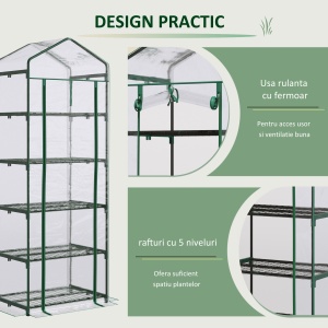 Mini Sera pentru Plante cu 5 Etajere din Otel cu Copertina din PVC, 69x49x193cm - Img 5