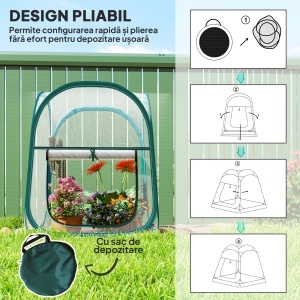 Mini Seră Pop-Up cu Acoperire din Plastic, Fereastră Rulabilă și Geantă, 70x70x80 cm, Transparentă - Img 4