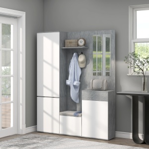 Mobilier 4 în 1 cu Oglindă, Cuiere și Rafturi Interioare Reglabile, Mobilier Multifuncțional, 145x29x184 cm, Gri - Img 2