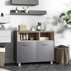 Mobilier de Baie cu Rafturi Deschise și Dulăpior cu 2 Uși, Dulap de Baie Spațios cu Mânere, 80x35x70 cm, Gri - Img 2