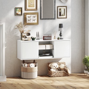 Mobilier suport TV de până la 55", suspendat sau de podea, uși amortizate, alb. - Img 9