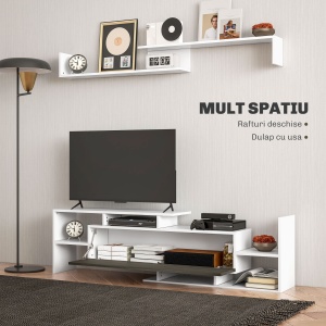 Mobilier TV cu Raft de Perete, Rafturi Deschise și Dulăpior din Lemn, Mobilier TV Modern, 153,6x25x42 cm, Alb - Img 5