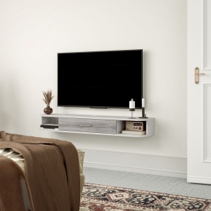 Mobilier TV Suspendat cu 2 Rafturi Deschise și un Dulăpior cu Ușă Rabatabilă, 120x26x16 cm, Gri - Img 8