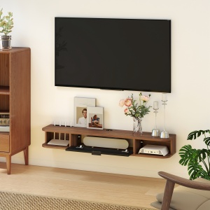 Mobilier TV Suspendat, Suport TV Până la 50" cu Sertar Rabatabil, 2 Rafturi Deschise și Orificiu pentru Cabluri, Mobilier pentru Televizor pentru Sufragerie, Dormitor și Sală de Stat, 120x24x16 cm, Nuc - Img 8