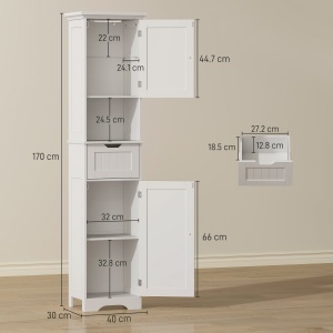 Mobilier Vertical de Baie din Lemn cu 2 Dulapuri cu Senzor, Raft Deschis și Sertar, 40x30x170 cm, Alb - Img 3