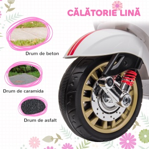 Motocicletă Electrică pentru Copii, Motocicletă cu Muzică, Două Motoare, Far, MP3, USB, Radio FM și 2 Roți de Antrenament, 107x47x73 cm, Alb - Img 7