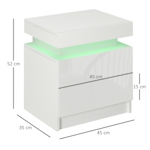 Noptiera alba cu lumina LED RGB, noptiera frontala lucioasa cu 2 sertare, pentru camera de zi, dormitor - Img 3
