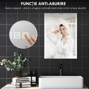 Oglindă de Baie cu Lumină LED în 3 Culori și Funcție Memorie, din Sticlă Temperată, 70x50x3 cm, Argintiu - Img 6
