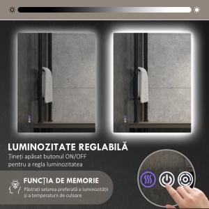 Oglindă de Baie LED cu Ramă, Anti-Abur, 3 Temperaturi de Culoare și Memorie, 80x60x4 cm, Transparent - Img 4