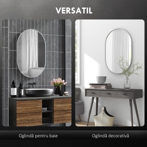 Oglindă Ovală pentru Baie, Oglindă Modernă de Perete cu Rama din Aluminiu și Montaj Vertical sau Orizontal, 60x90 cm, Argintiu - Img 4