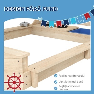 Outusunny Nisipar din Lemn pentru Copii cu Capac, Ladă de Nisip pentru Exterior cu Set de Joacă Inclus, 180x103x144,5 cm, Lemn Natural - Img 5