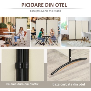 Paravan interior cu 3 panouri, separeu pliabil pentru spatii din metal si poliester, 253x50x182cm, bej - Img 6