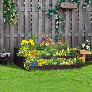 Pat de gradina inaltat cu 3 niveluri din ratan sintetic fara fund pentru plante si legume, 120x120x40cm, gri - Img 2