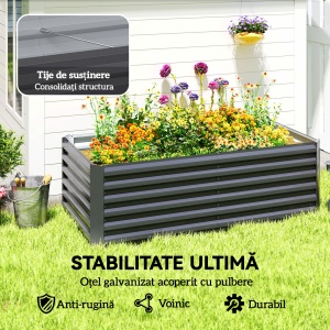 Pat de Grădină Ridicat pentru Exterior cu Fund Deschis și Bare de Susținere, Jardinieră din Oțel Galvanizat, pentru Flori, Legume, Balcon sau Grădină, 180x90x57,5 cm, Gri Închis - Img 5