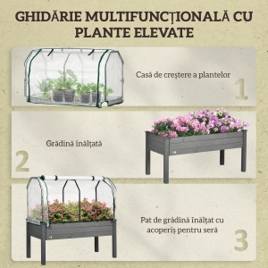Pat pentru Grădină Ridicat cu Acoperiș din PE, Jardinieră Ridicată din Brad cu 4 Găuri de Drenaj, pentru Flori și Legume, pentru Grădină, Balcon, 121x55x117 cm, Gri Închis - Img 6