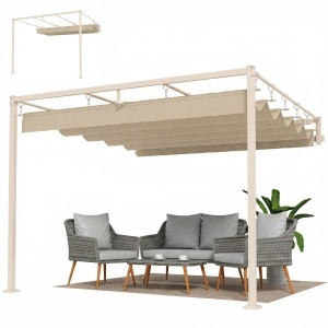Pergolă de perete pentru grădină 3x3 m cu acoperiș retractabil, protecție UPF30+, drenaj, pavilion de grădină pentru exterior, bej - Img 6