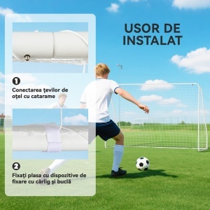 Poartă de Fotbal pentru Grădină și Parc cu 6 Pari în formă de U, din PE și Metal Eposidic, 301x120x200 cm, Alb - Img 4