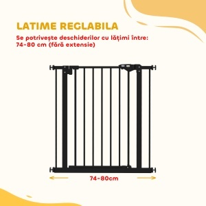 Poartă de Siguranță pentru Câini cu 2 Extensii, Lățime Reglabilă și Închidere Automată, 74x77cm, Negru - Img 4