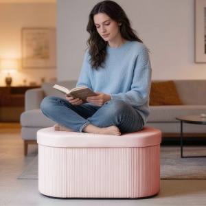 Pouf pliabil cu spațiu de depozitare modern, tapițat cu catifea, 72L, pentru living și dormitor, 76x38x35 cm, Roz - Img 9
