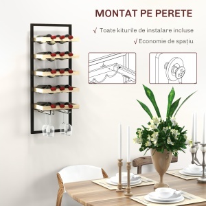 Raft de Perete pentru Sticle din Lemn și Oțel, Suport pentru 15 Sticle de Vin și 4 pahare, 35x25x86 cm, Natural - Img 5