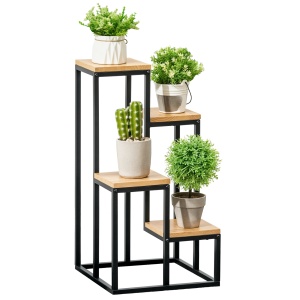Raft pentru Plante cu 4 niveluri din Metal și Lemn de Brad pentru Interior și Exterior, 34x34x66 cm, Natural - Img 1