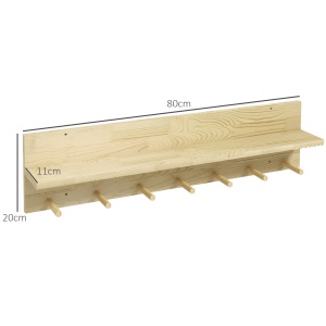 Raft Suspendat din Lemn de Brad, Raft de Perete cu 7 Carlige, Ton Natural - Img 3