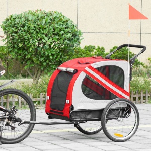 Remorca de bicicleta pentru caini 2-in-1 Carucior animal de companie Carucior bicicleta Atas de calatorie cu cadru de otel cu reflectoare universale de roti si steag rosu - Img 2