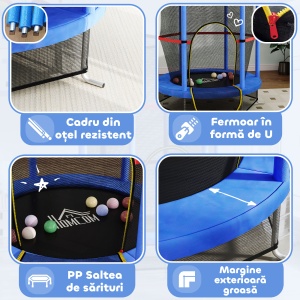 Saltea Elastică pentru Copii 3-6 Ani cu Plasă de Protecție, 6 Stâlpi și 3 Intrări, Ø140x190 cm, Albastru - Img 5