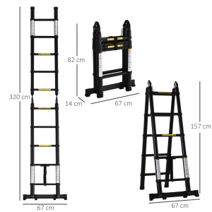 Scară Telescopică Pliabilă cu 10 Trepte, Scară Extensibilă din Aluminiu și Metal, 320x67x7 cm, Neagră - Img 3