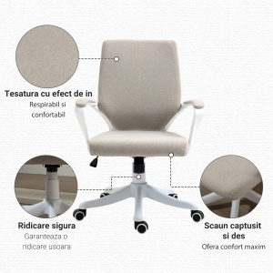 Scaun Birou Ergonomic cu Înălțime Reglabilă, Pivotant la 360° și Legănare, 62x69x92-100 cm, Bej - Img 7